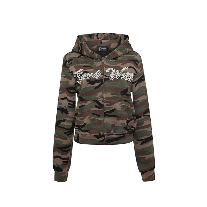 Women's Cropped Hoodie in Camouflage Structure Knit with Beaded Writing Amarae