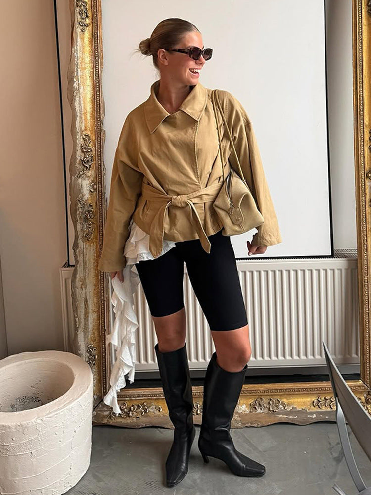 Women's Short Tailored Canvas Jacket with Tied Belt and Dropped Shoulders Amarae