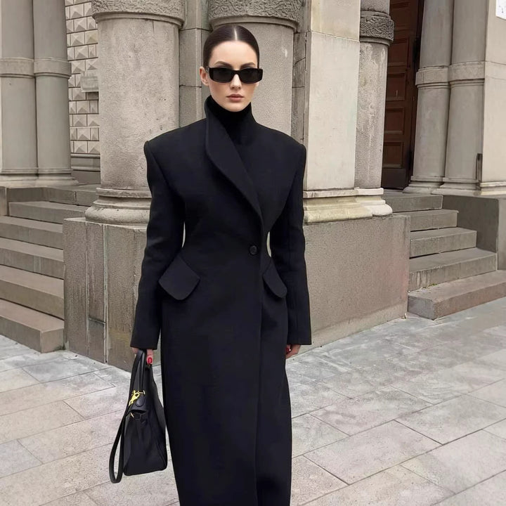 Women Tailored Long Coat with distinctive shoulder pads and asymmetric lapel Amarae