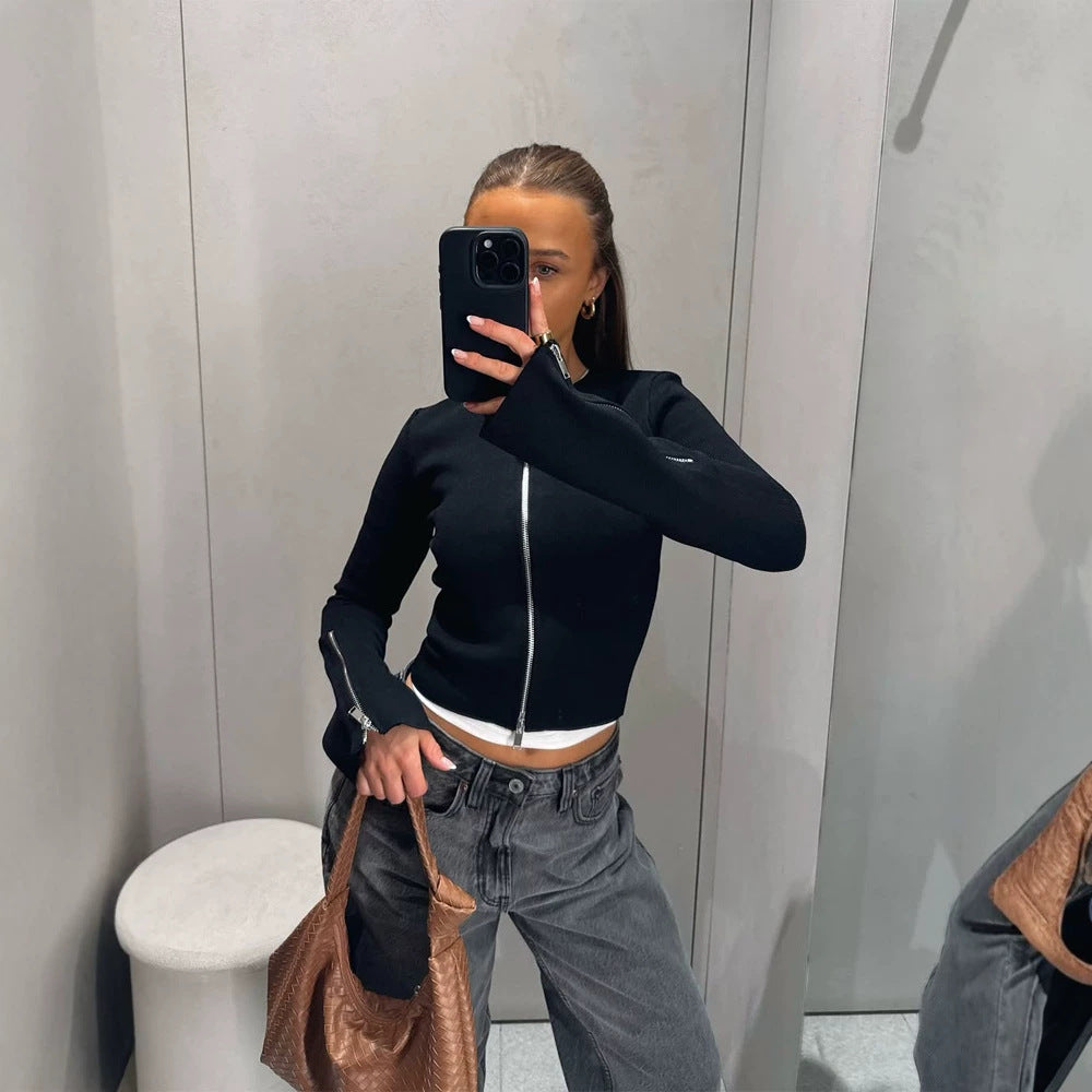 Ladies Tailored Cropped Cardigan with Full Metal Zipper and Extended Cuff Zippers Amarae