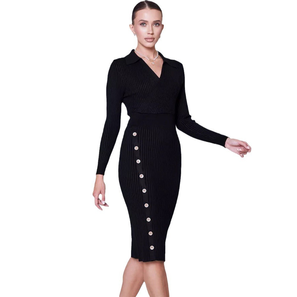 Robe en tricot pour femmes avec détails de boutons et élégant col en V Chic & Stil