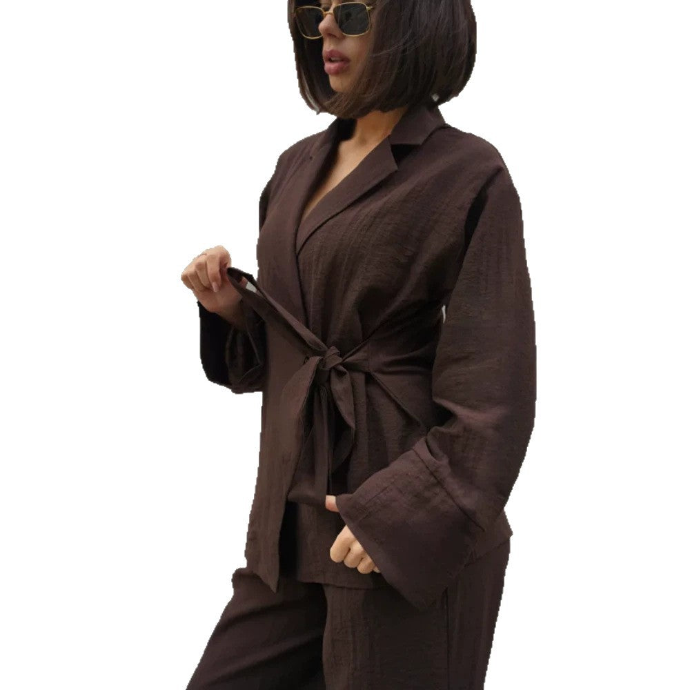 Women's Wrap Blazer with Tying Belt, Casual Oversized Cut and Lapel Collar Amarae