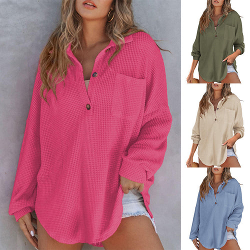 Casual waffle t-shirt for women with mock collar and buttons Amarae