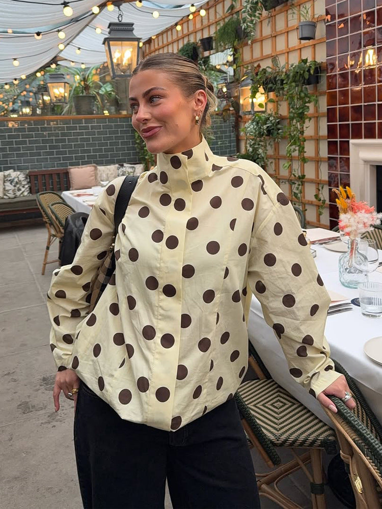 Women's Boxy Shirt Jacket with Stand Collar, Balloon Sleeves and Large Polka Dot Print Amarae