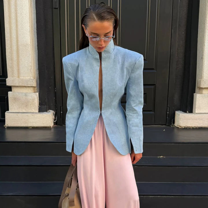 Women's tailored stand collar blazer with concealed hook closure and curved hem Amarae