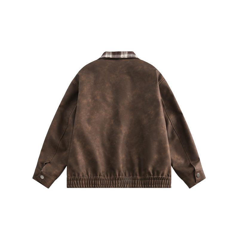 Men's suede look bomber jacket with checked shirt collar, flap pockets, and elastic hem Amarae