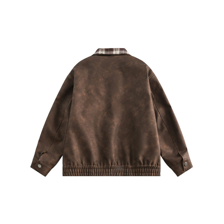 Men's suede look bomber jacket with checked shirt collar, flap pockets, and elastic hem Amarae