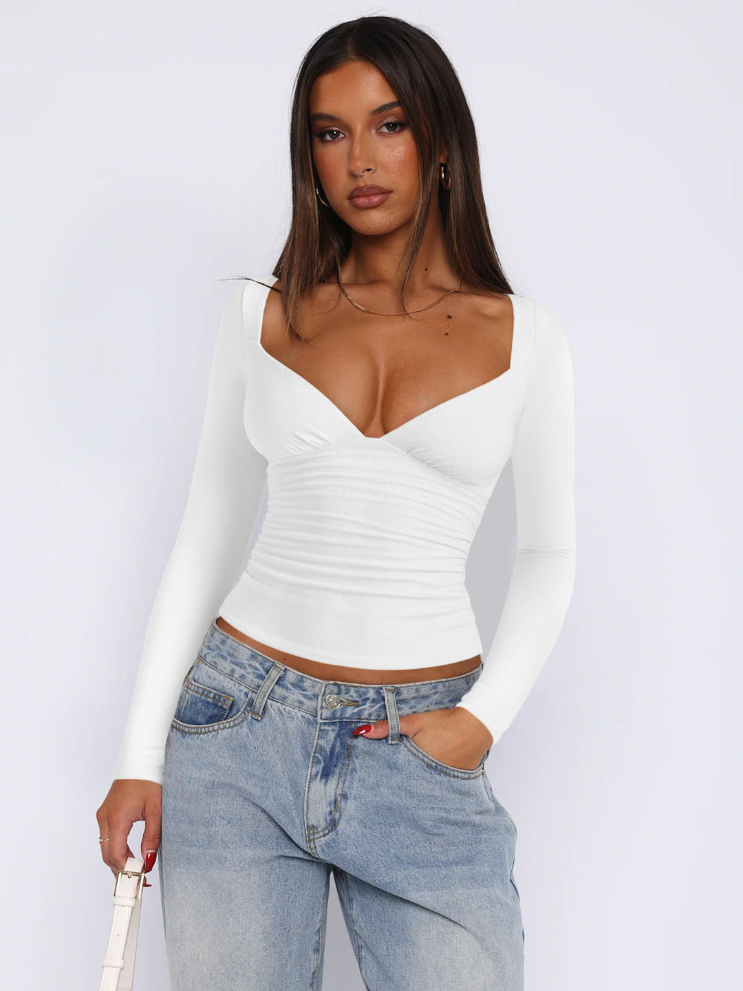 Women Fitted Long-Sleeve Top with V-Neckline and Gathers Lune London