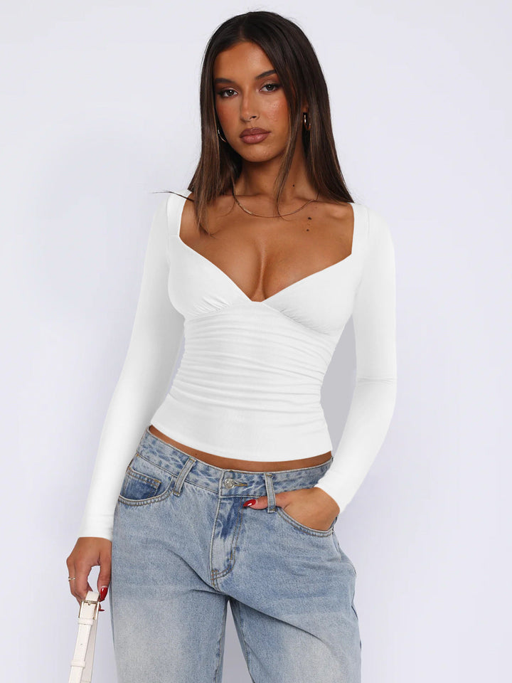 Women Fitted Long-Sleeve Top with V-Neckline and Gathers Lune London