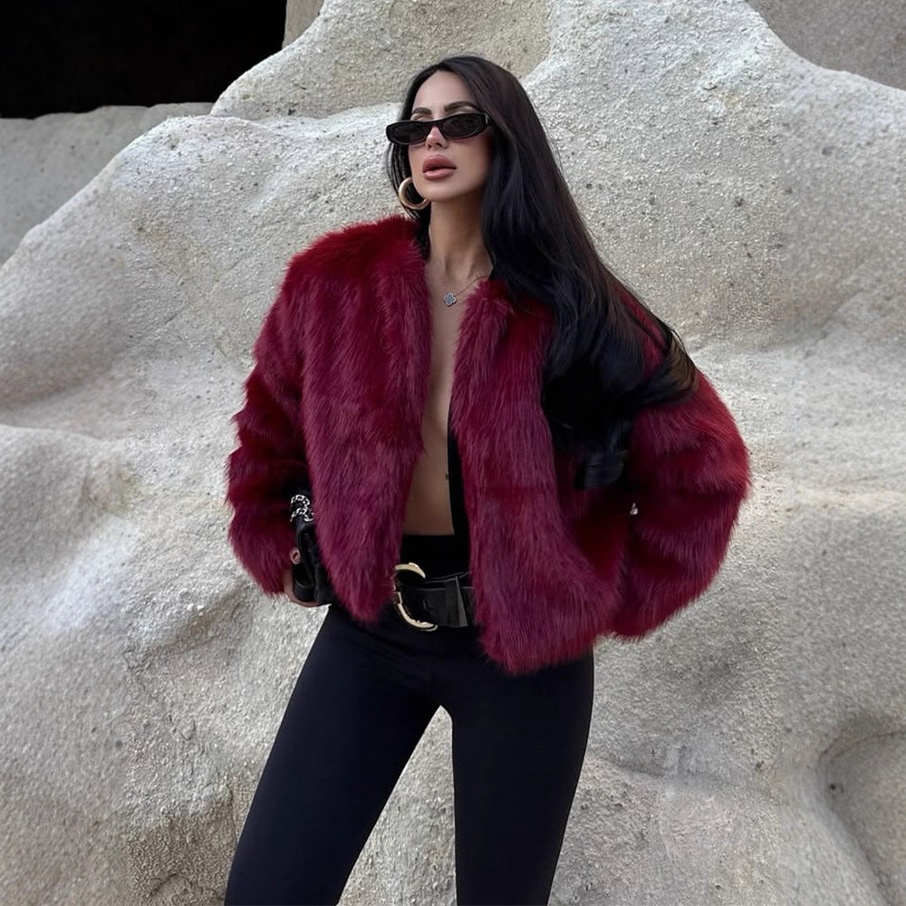 Women's short-cut boxy faux fur bomber with voluminous shawl collar Amarae