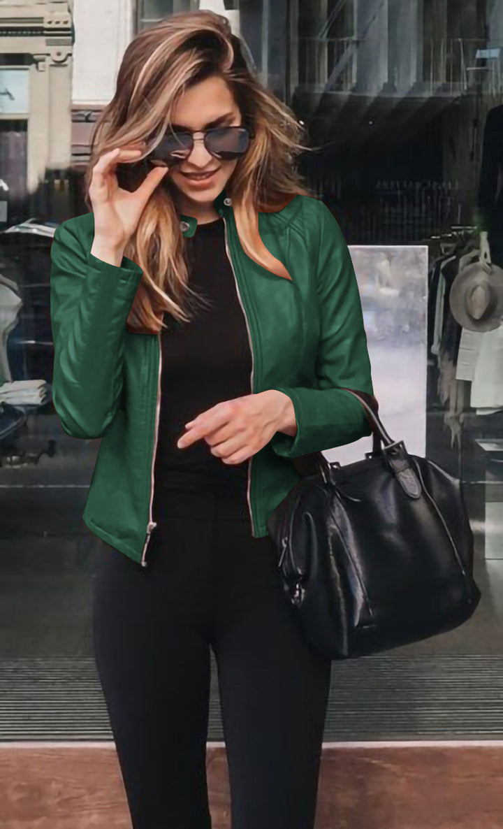 Ladies fitted faux leather biker jacket with stand-up collar and decorative seams Amarae