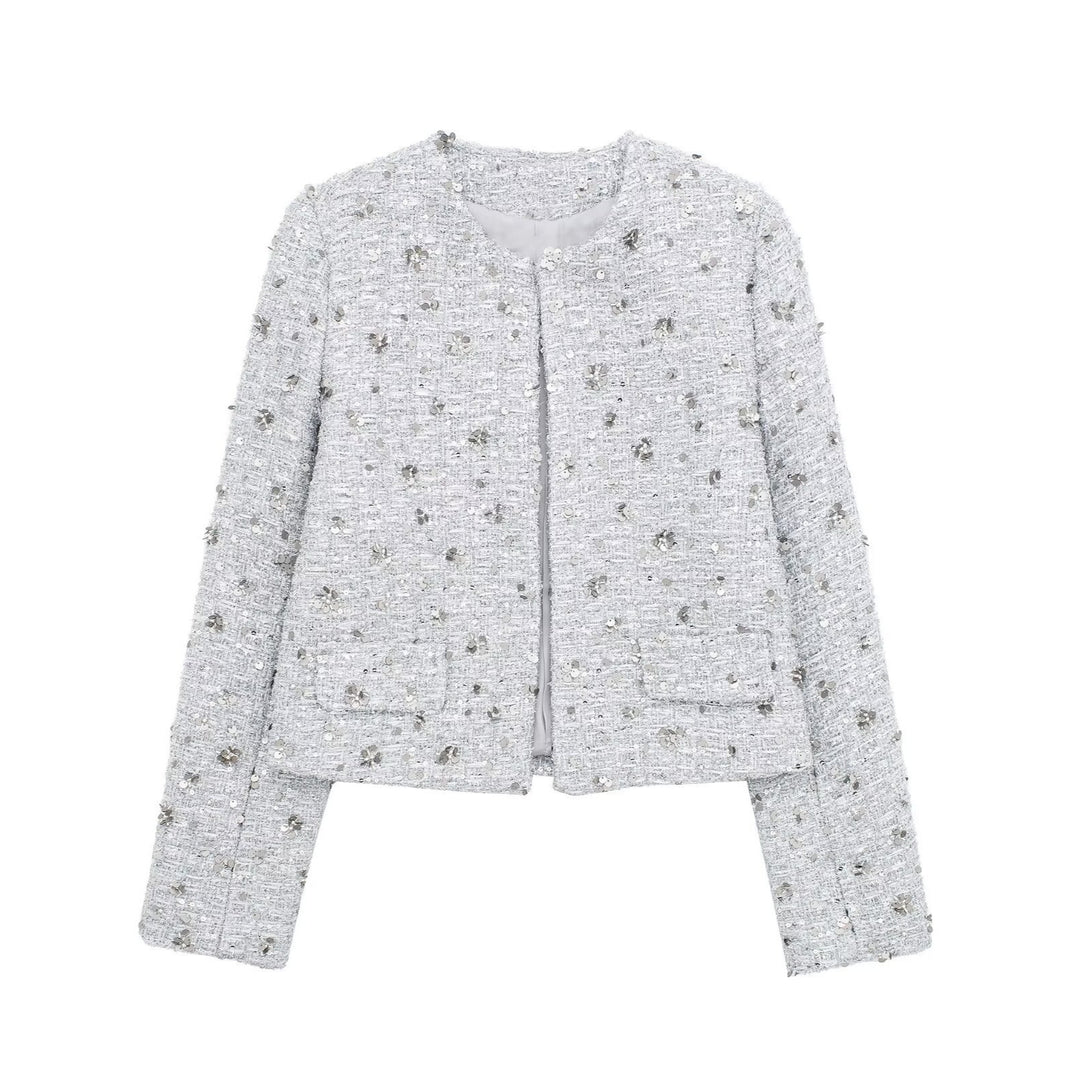Lune London elegant tweed jacket for women with sparkling sequins and a textured design