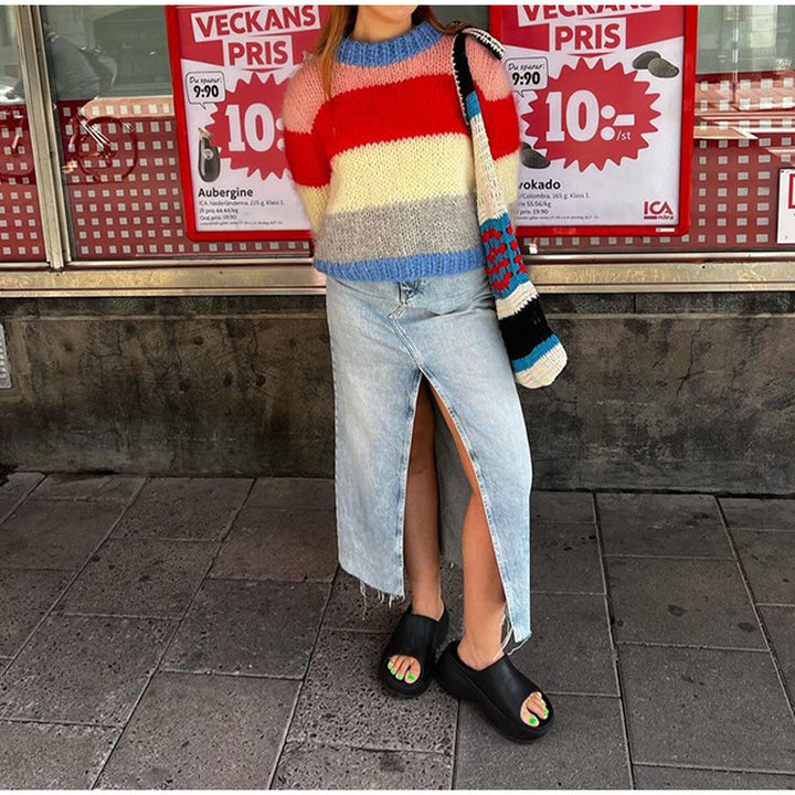 Colorful knitted sweater for women with contrasting patterns Lune London