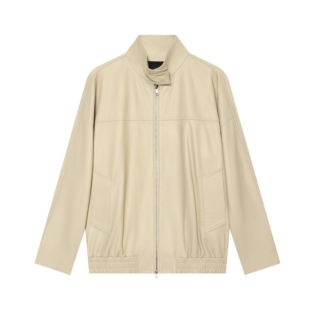Women's loosely cut leather-look transitional jacket with stand-up collar, two-way zipper, and kangaroo pockets Amarae