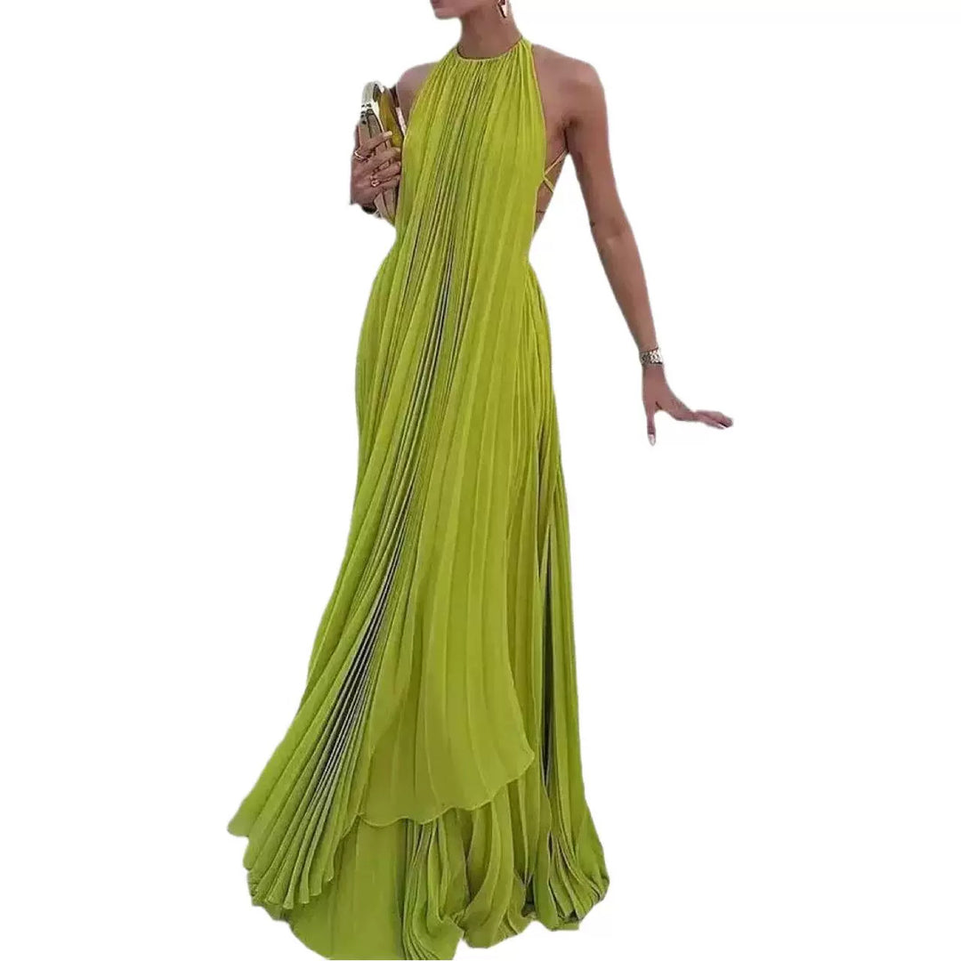 Women's Floor-Length Pleated Maxi Dress with Deep Back Cut and Elegant Straps