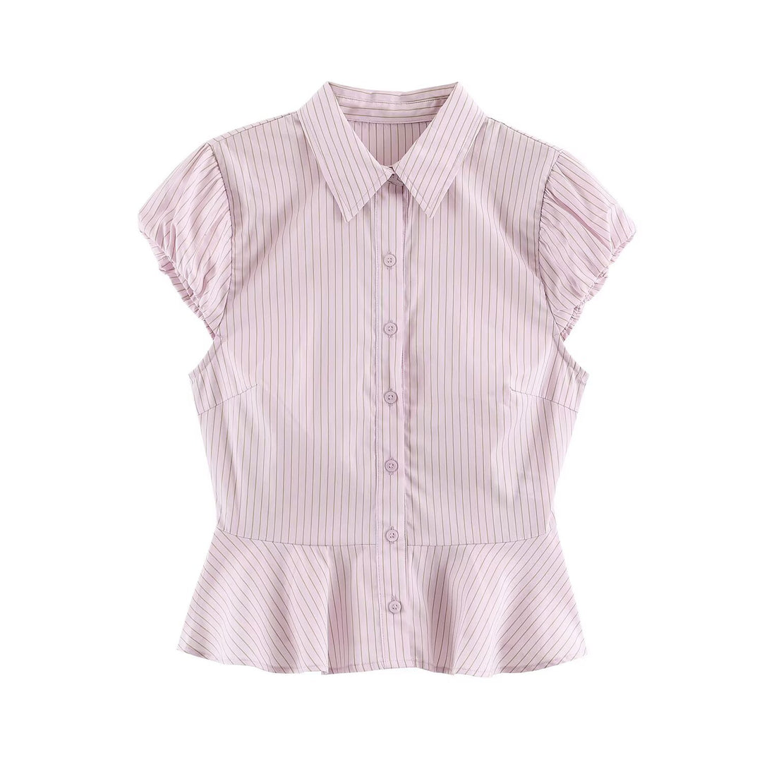 Women's Tailored Short Sleeve Blouse with Peplum, Shirt Collar and Fine Pinstripe Amarae