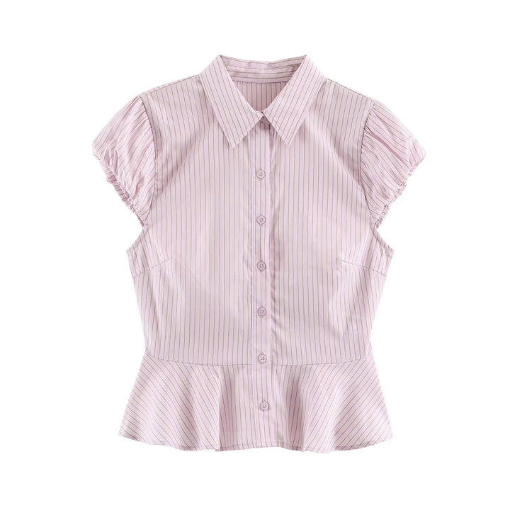Women's Tailored Short Sleeve Blouse with Peplum, Shirt Collar and Fine Pinstripe Amarae