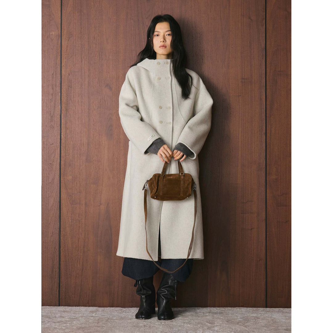 Women's Oversized Double-Breasted Wool Coat with Hood and Stand-Up Collar Amarae