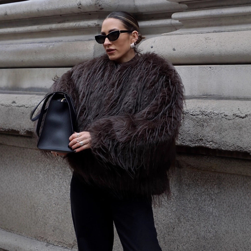 Ladies short jacket made of long-pile shaggy faux fur with hidden snap button placket Amarae