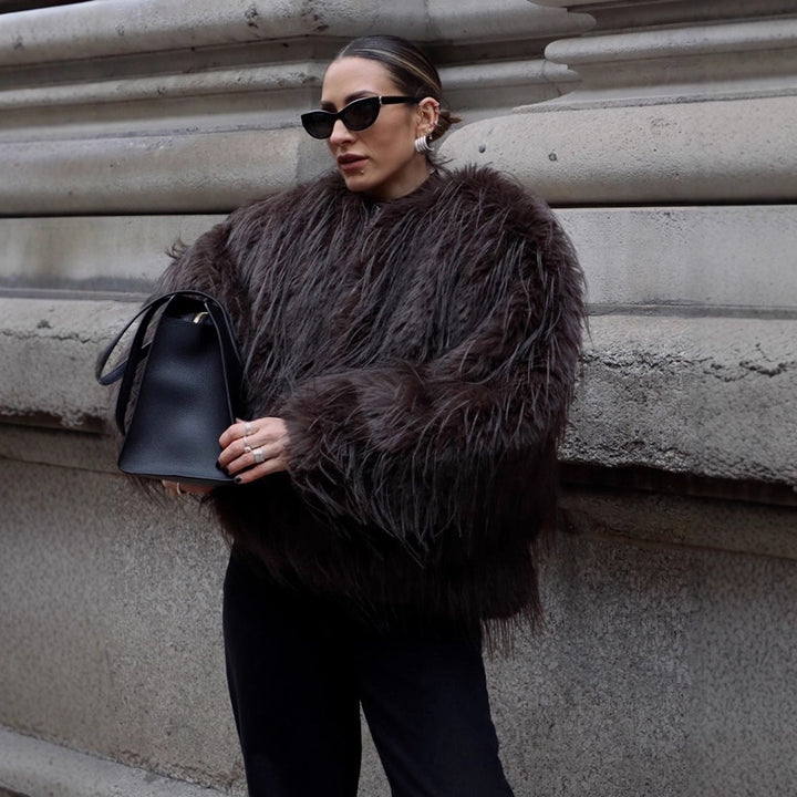 Ladies short jacket made of long-pile shaggy faux fur with hidden snap button placket Amarae