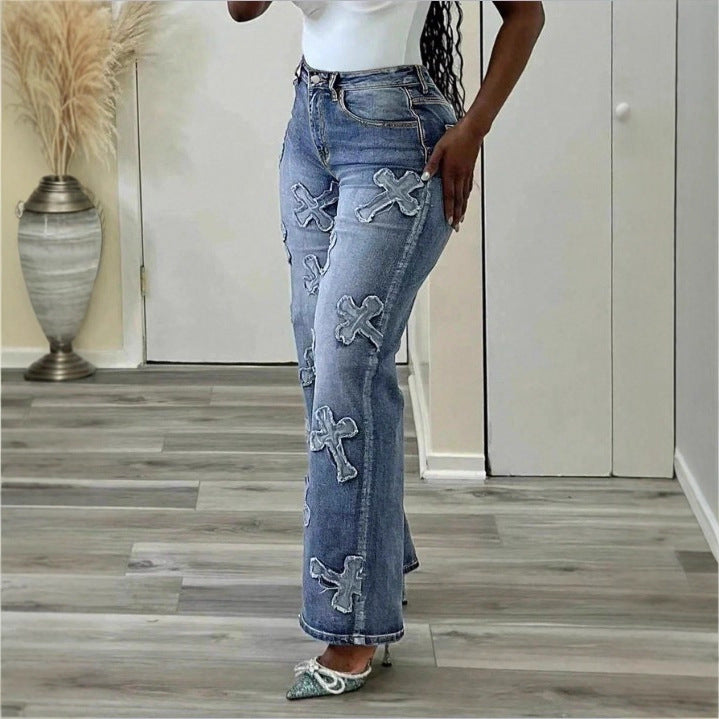 Women High-Waisted Straight-Leg Jeans with Fringed Cross Applications Amarae