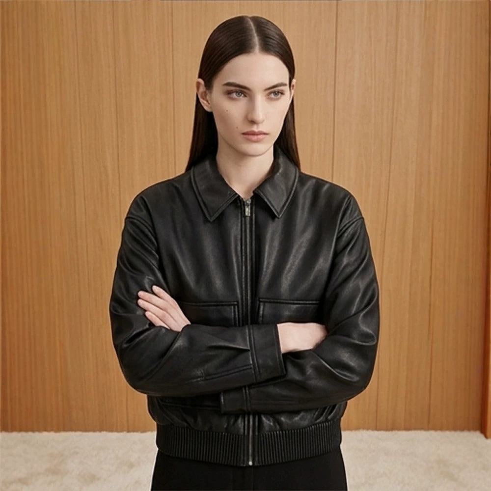 Women's short jacket made of faux leather in bomber style with ribbed hem and patch pockets Amarae