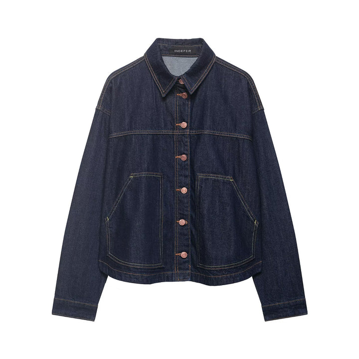 Women's Boxy Cropped Denim Work Jacket with Large Applied Front Pockets Amarae