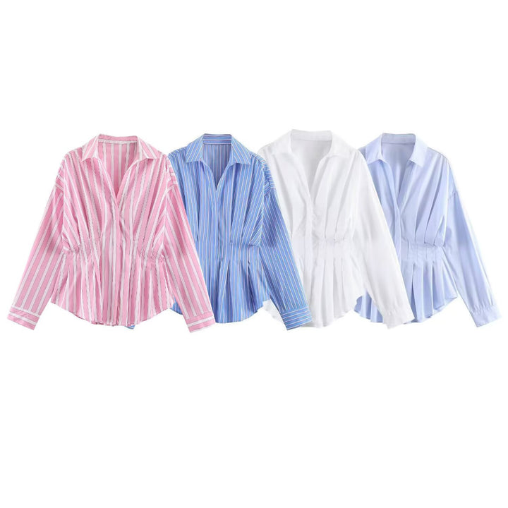Women Striped Oversized Blouse with Tailoring Gatherings and Shirt Collar Amarae