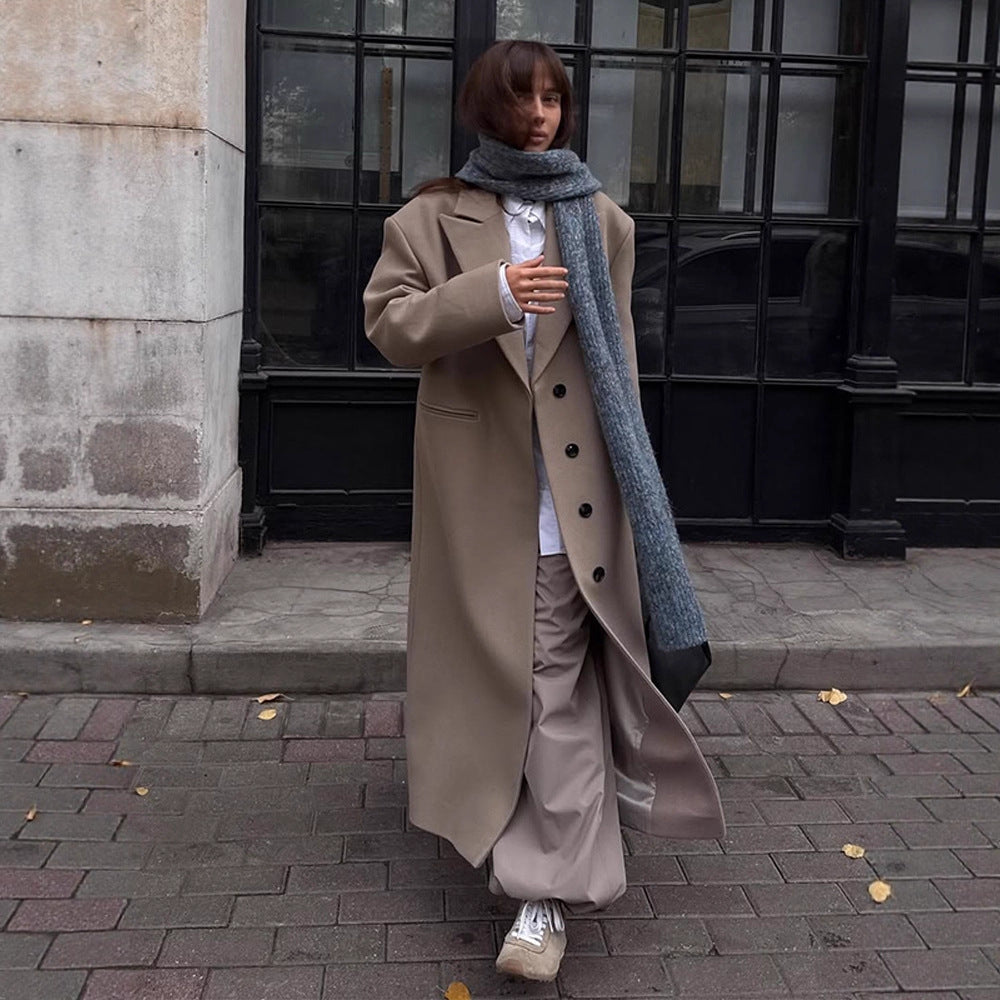 Women Maxilength Clean-Cut Wool Blend Coat with Oversized Lapels and Straight Silhouette Amarae