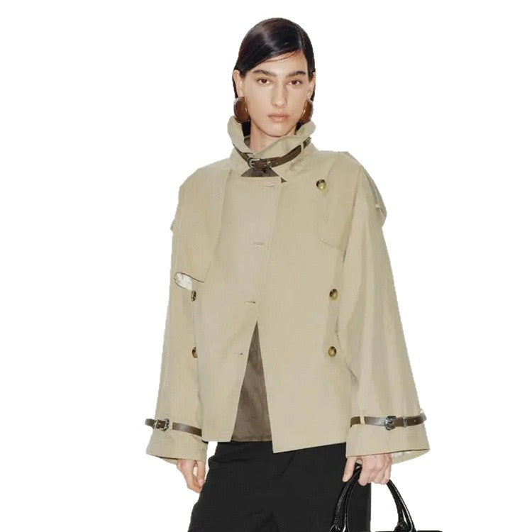 Women Short Boxy Trench Coat with Wide Lapels, Shoulder Straps and Adjustable Cuffs Amarae