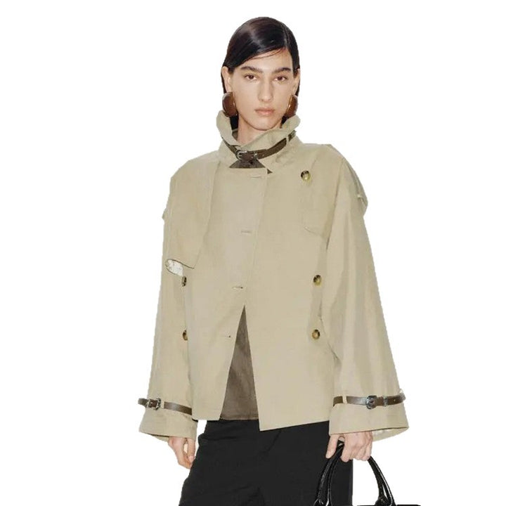 Women Short Boxy Trench Coat with Wide Lapels, Shoulder Straps and Adjustable Cuffs Amarae