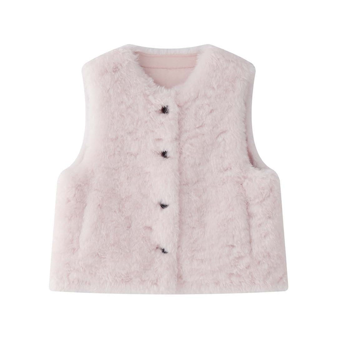 Women's Fluffy Teddy Vest with Button Closure and Round Neckline Amarae
