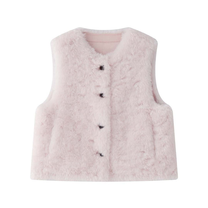 Women's Fluffy Teddy Vest with Button Closure and Round Neckline Amarae