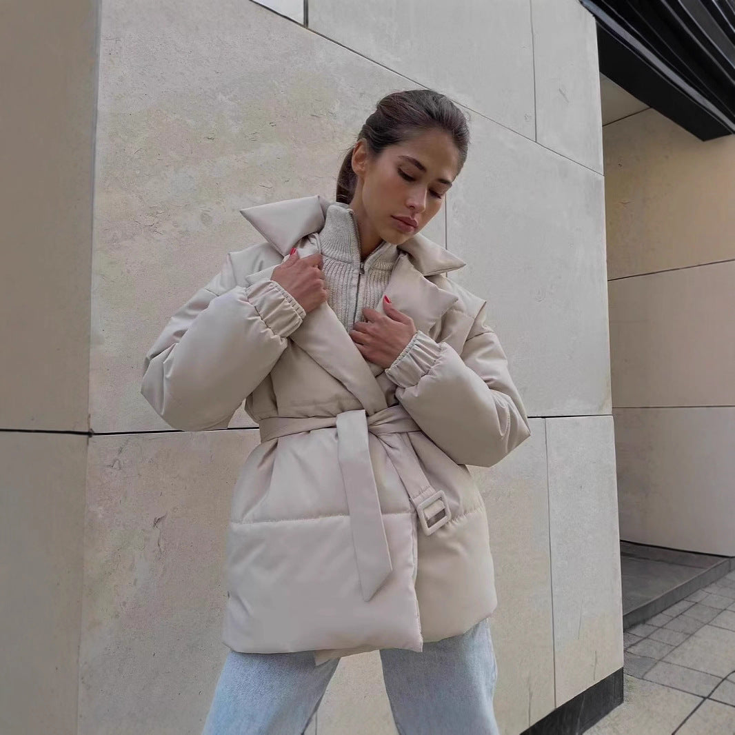 Quilted transition jacket for women with a belted waist and warm inner lining Lune London