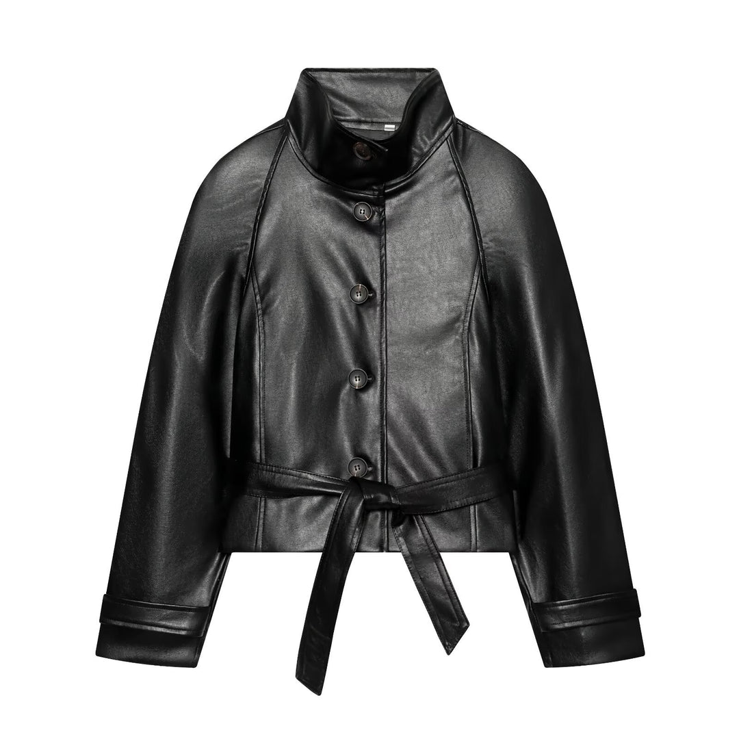 Women's Tailored Cropped Vegan Leather Jacket with Stand Collar and Tie Belt Amarae