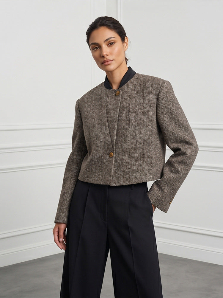 Ladies Short Cut Wool Blazer with Stand-up Collar and Herringbone Pattern Amarae