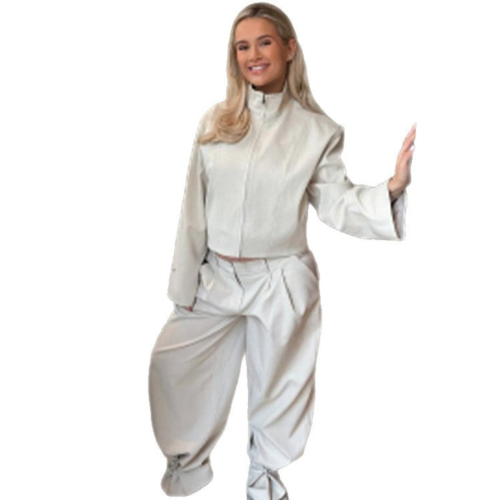 Women's Short Jacket with Stand Collar and Wide Pleated Trousers Set Amarae