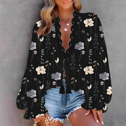 Amarae women's blouse with a playful floral print and lace edges