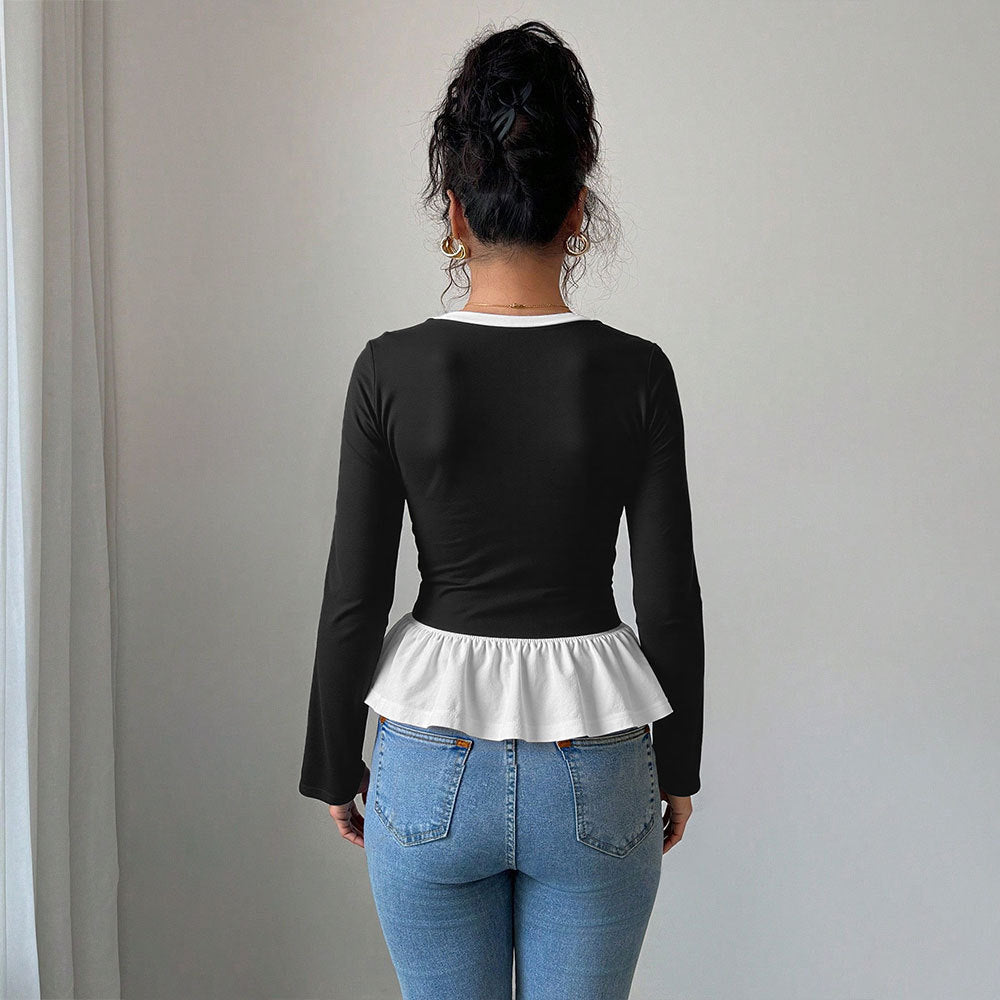 Chemise à manches longues pour femmes avec ourlet volanté et décolleté en V profond Chic & Stil