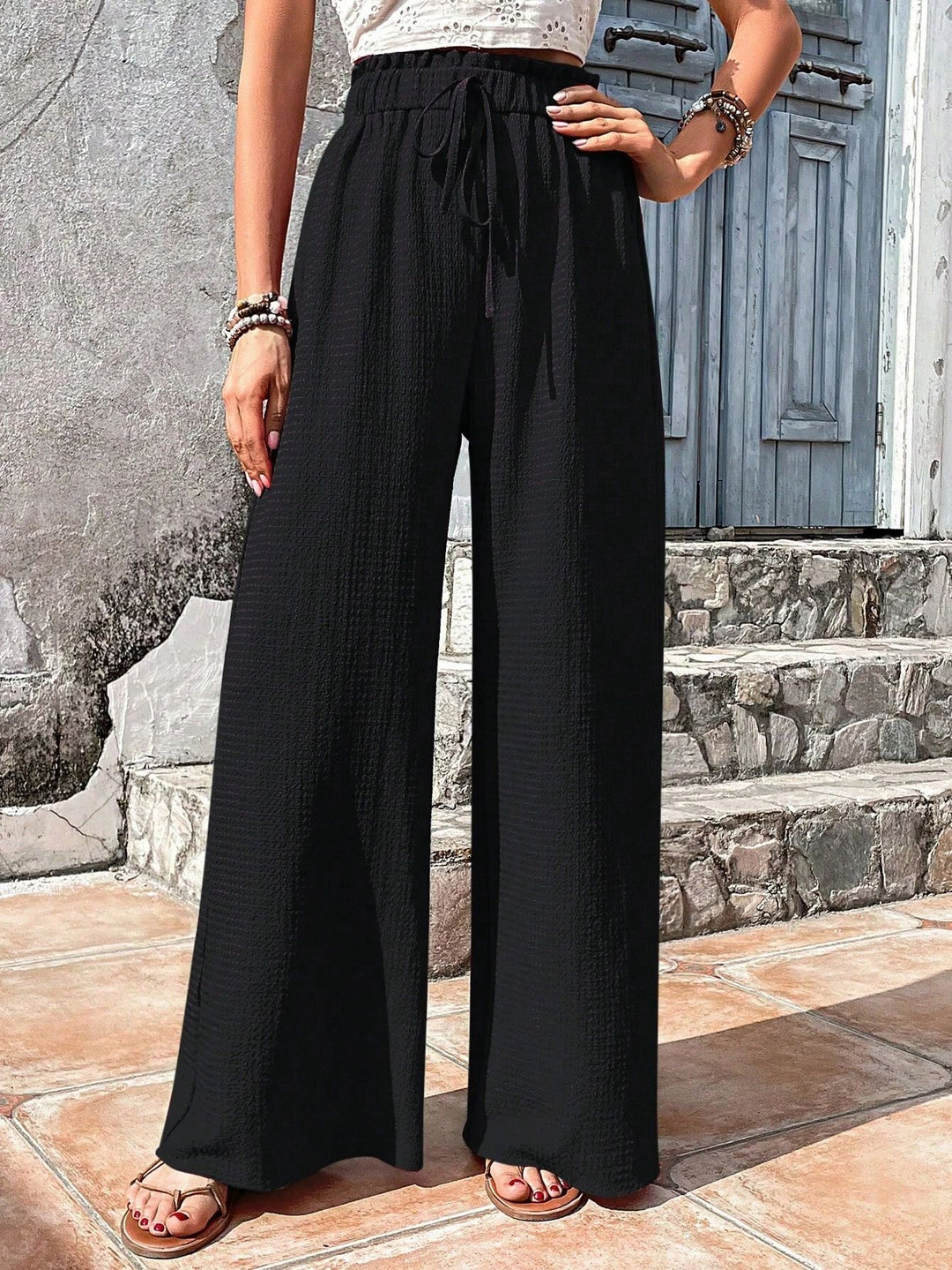 Women Lightweight Palazzo Pants with Crinkle Texture, High Smocked Waist and Drawstring Amarae