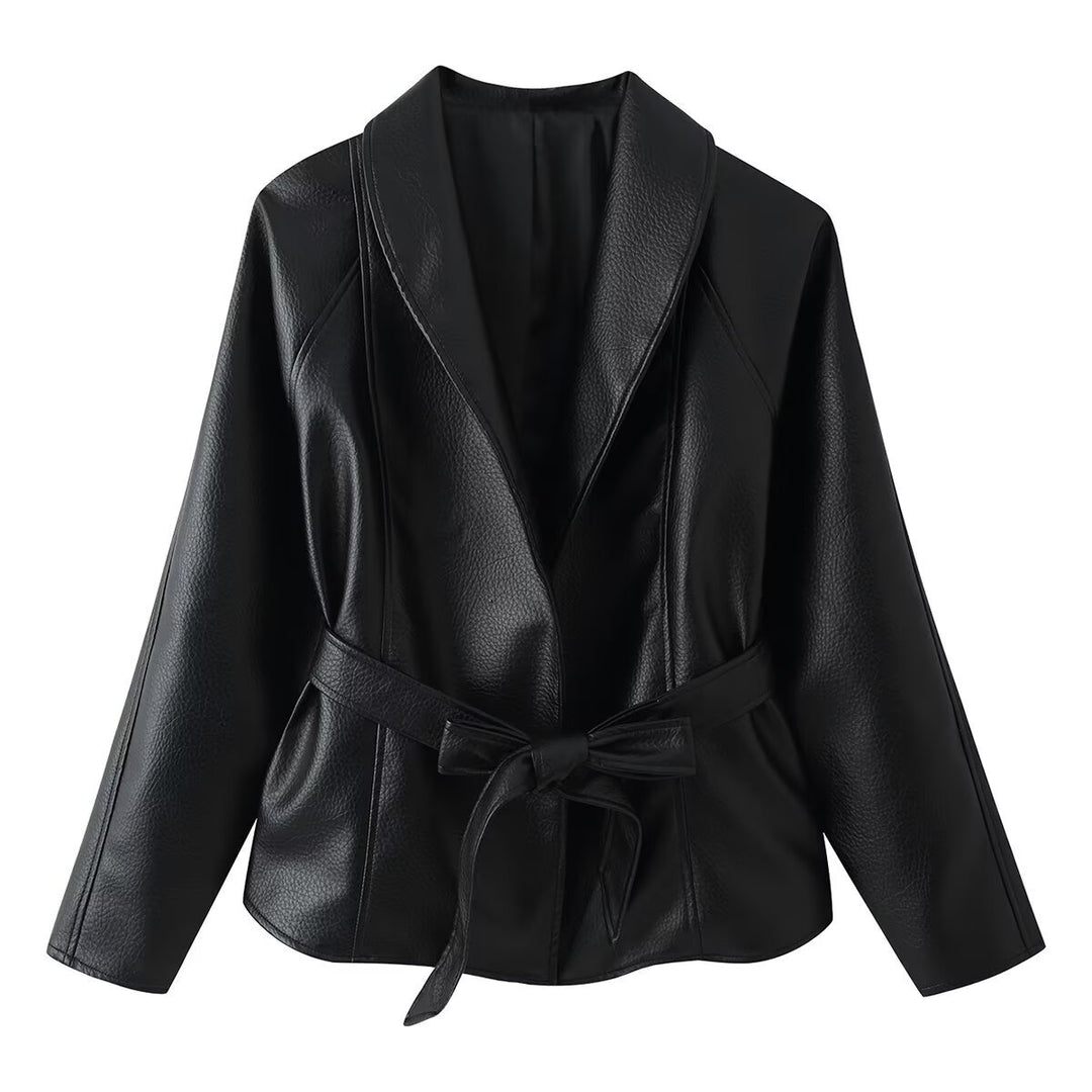 Women's Tailored Faux Leather Blazer with Shawl Collar and Tie Belt Amarae