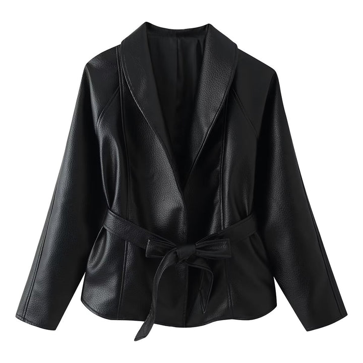 Women's Tailored Faux Leather Blazer with Shawl Collar and Tie Belt Amarae
