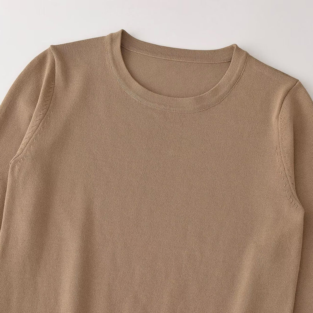 Women's fine knit pullover with stripe pattern, round neckline and decorative button detail Amarae