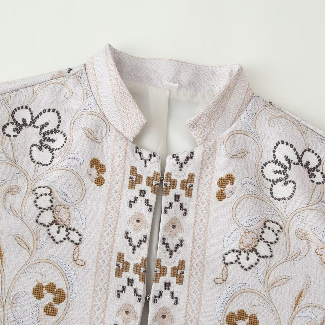 Women embroidered boxy short jacket with stand-up collar and floral embroidery Amarae