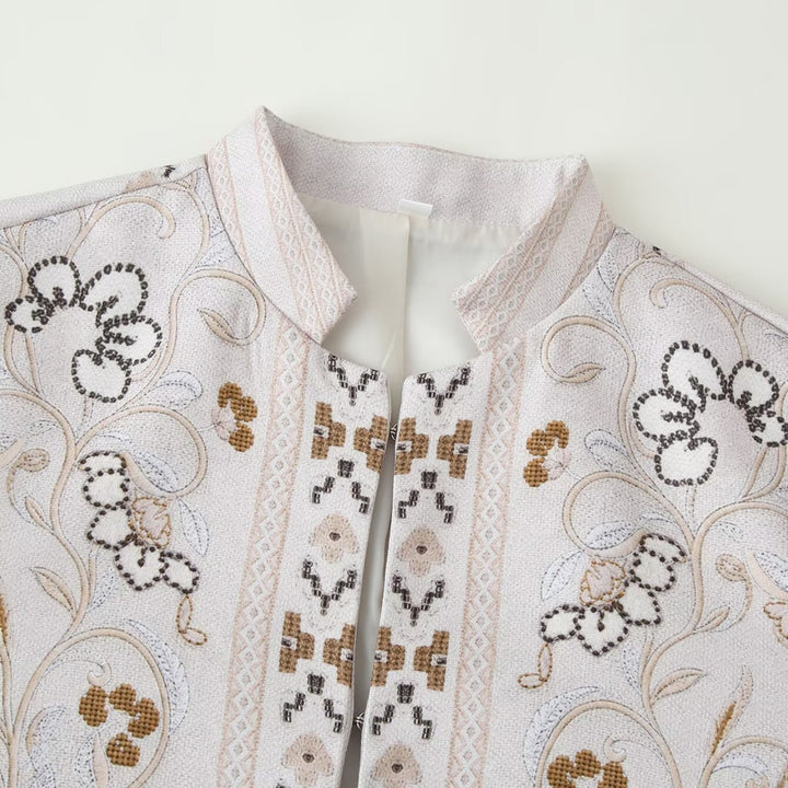 Women embroidered boxy short jacket with stand-up collar and floral embroidery Amarae