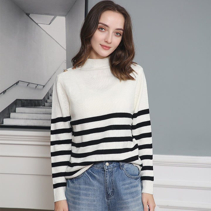 Fashionable knitted sweater for women with striped pattern and button details Lune London