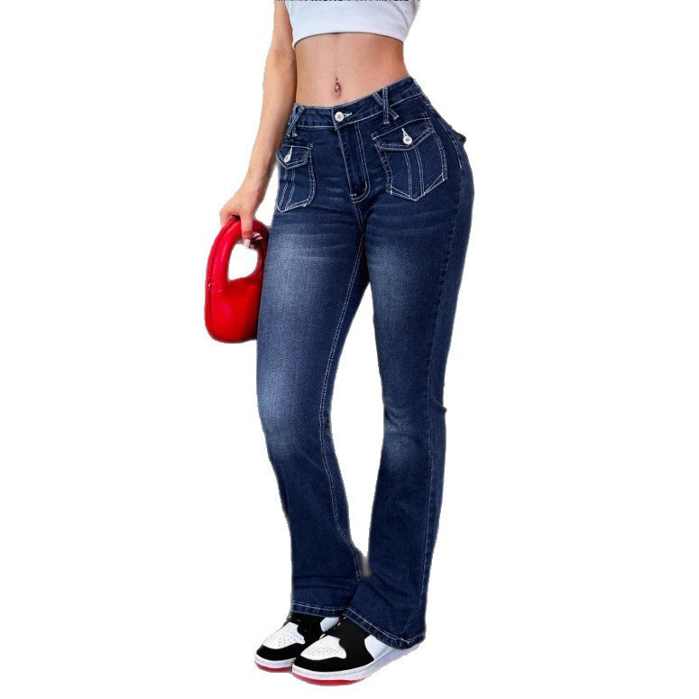 Women's High-Waisted Stretch Jeans with Light Flare and Decorative Pockets Amarae