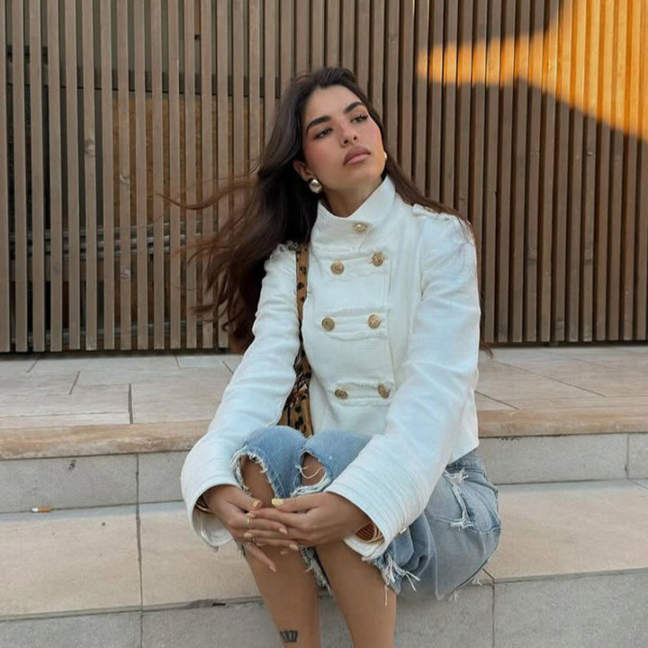 Women's Short Cut Boucle Blazer with Double-Breasted Gold Button Placket Amarae