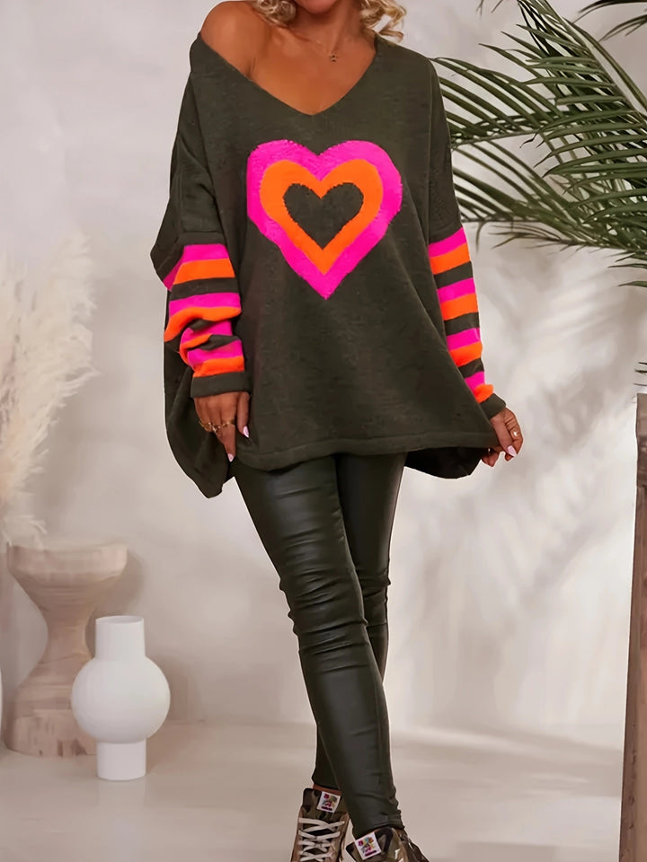 Oversized sweater for women with heart pattern and colorful stripes Lune London