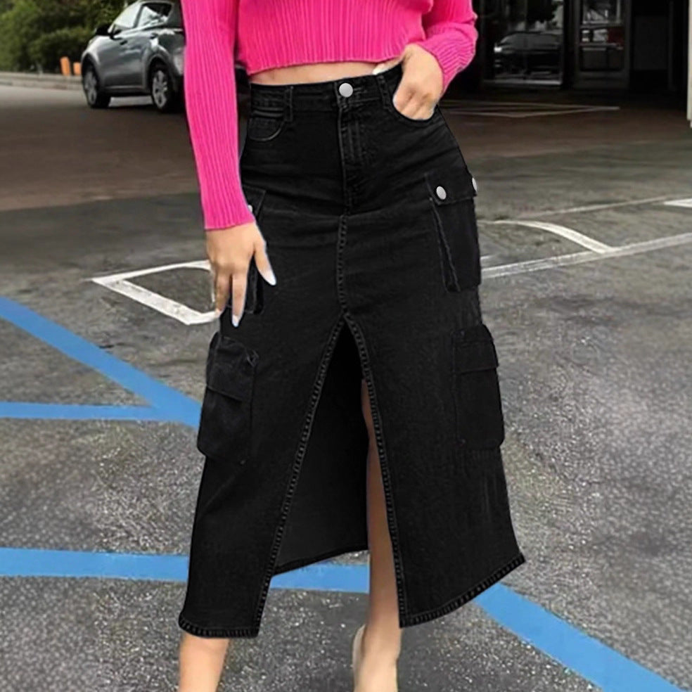 Women high waist cargo denim midi skirt with front slit and flap pockets Amarae